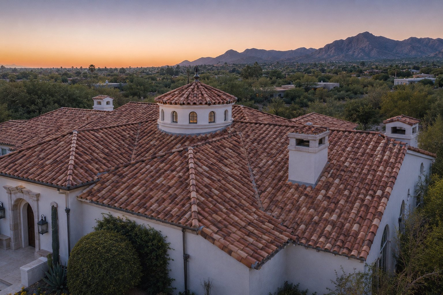 Clay barrel tile roof at dusk with desert mountains behind