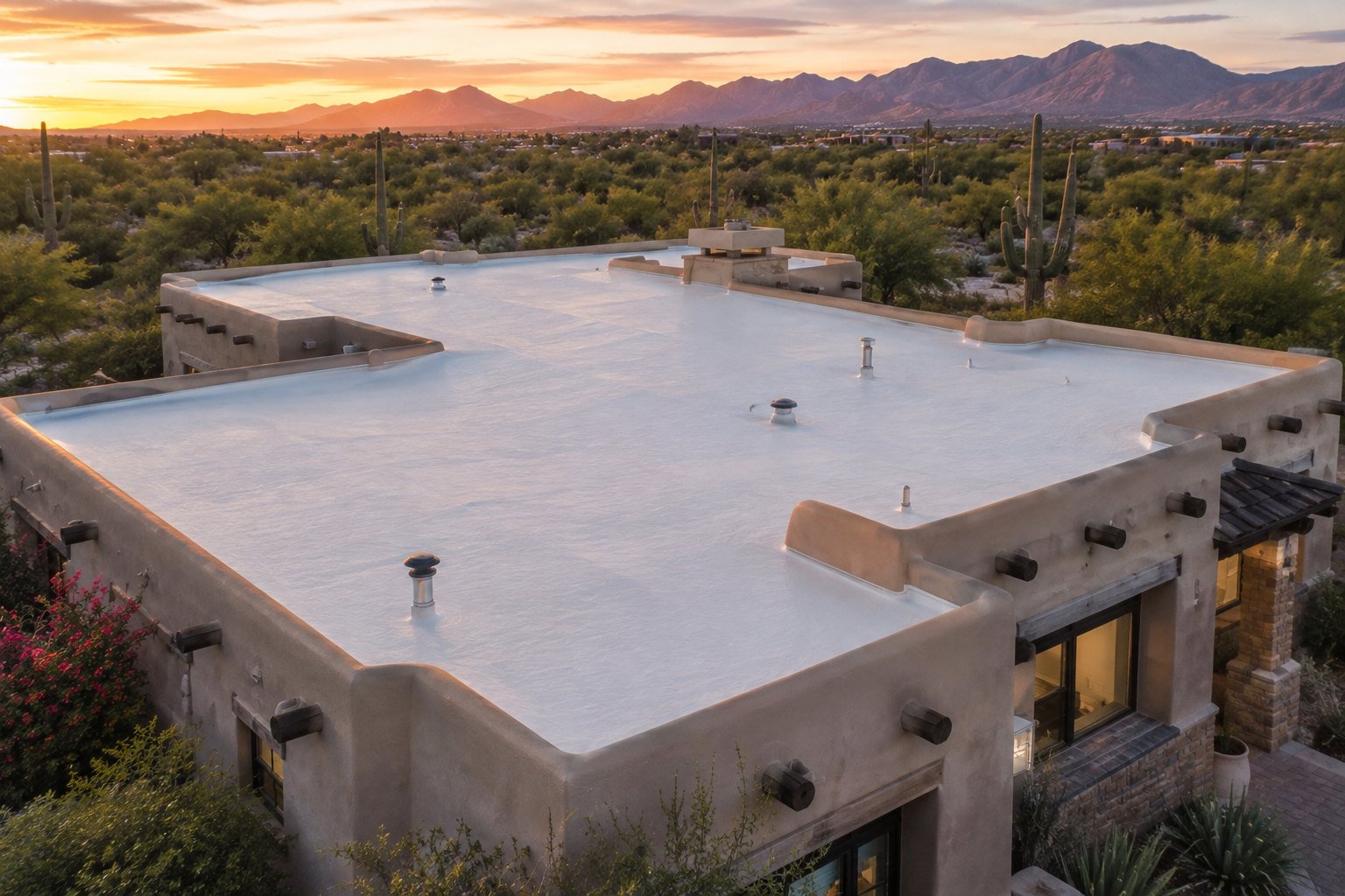 Adobe home with a white foam roof at sunset in the Sonoran desert
