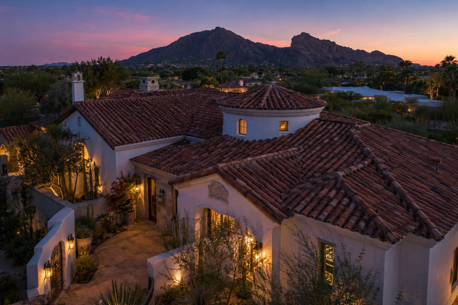 Spanish tile roof at dusk below Camelback Mountain