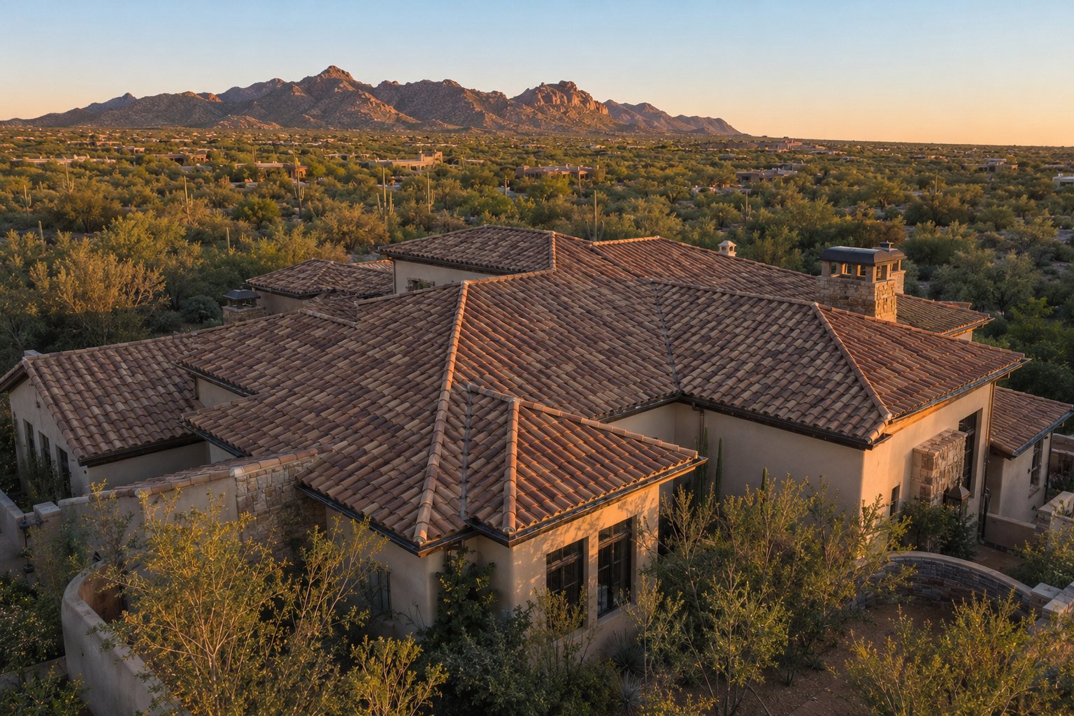 Golden hour aerial of a Southwest tile roof against desert mountains