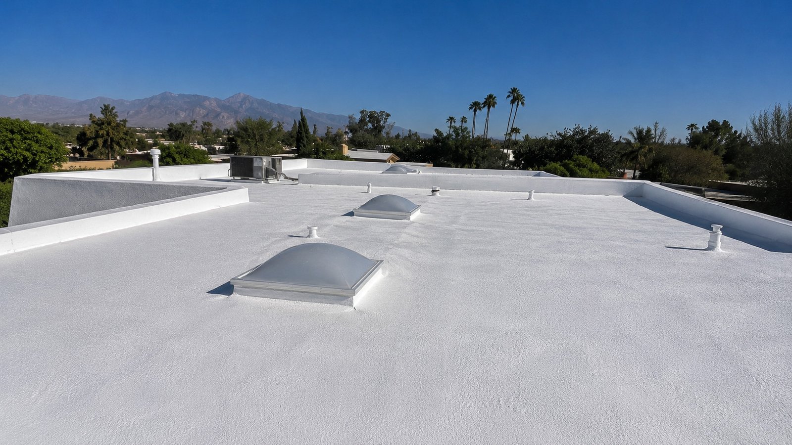 Finished white foam roof with skylights and parapets under a clear desert sky