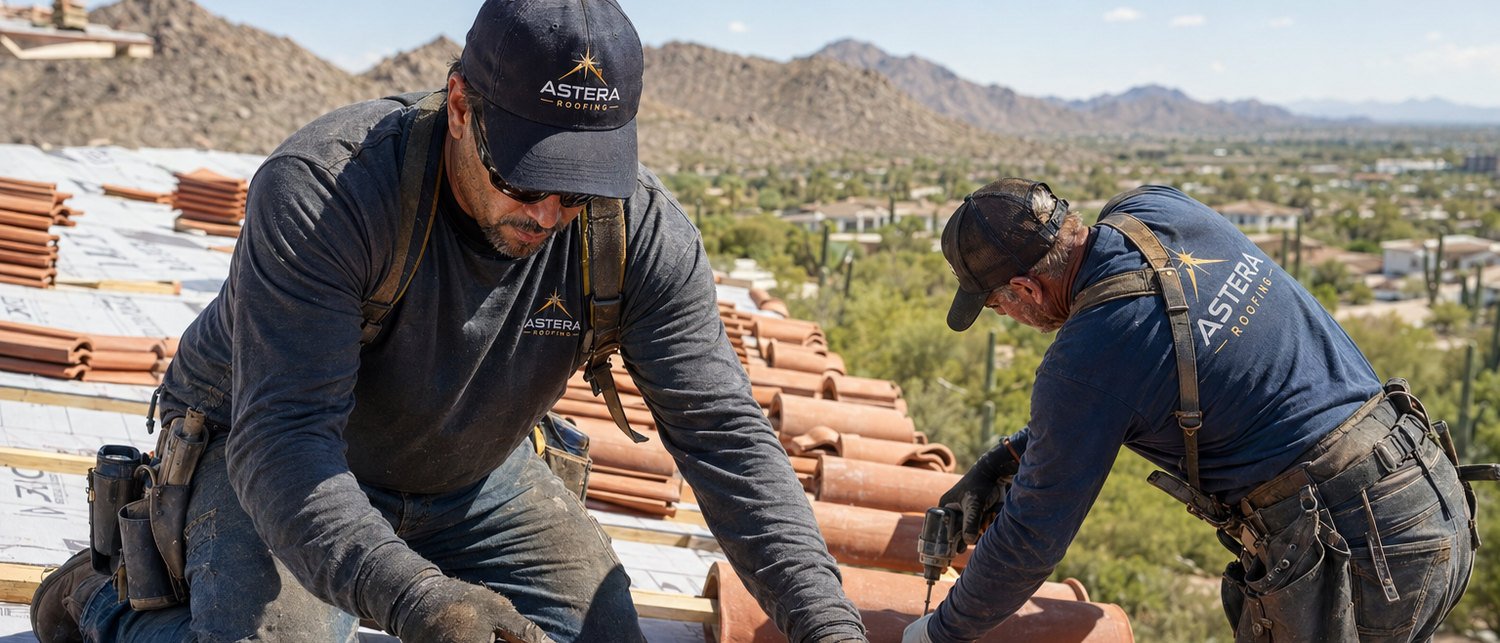 Two Astera Roofing crew setting clay barrel tile over battens and underlayment