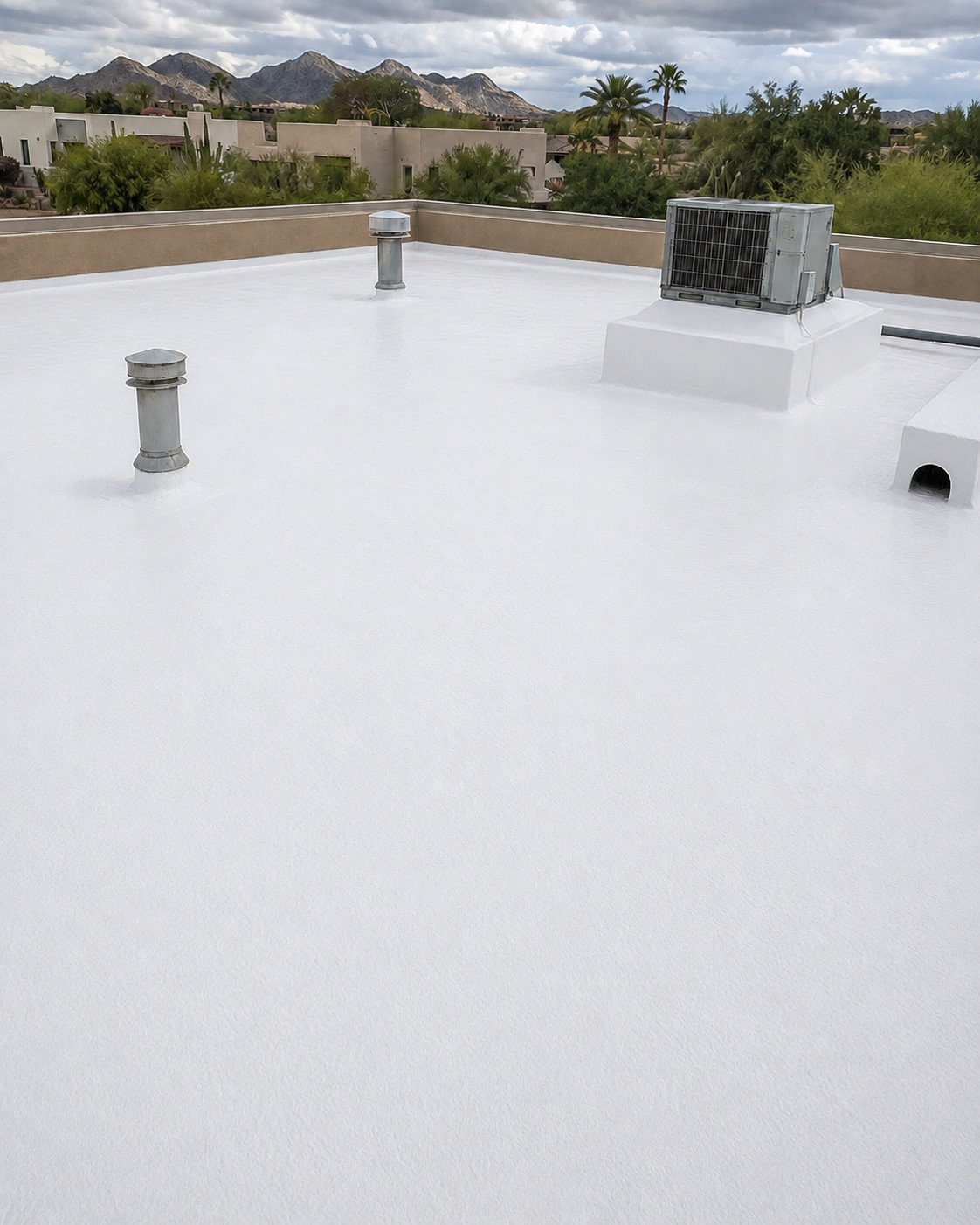 The same foam roof after a full elastomeric restoration, bright white and seamless