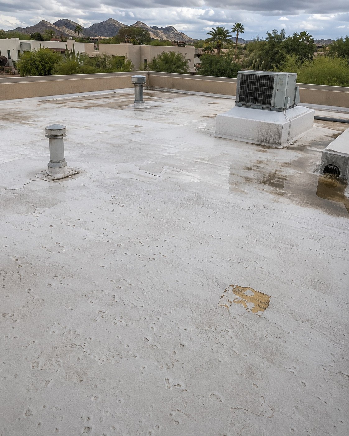 Flat foam roof with hail pitting, peeling coating and standing water at the parapet
