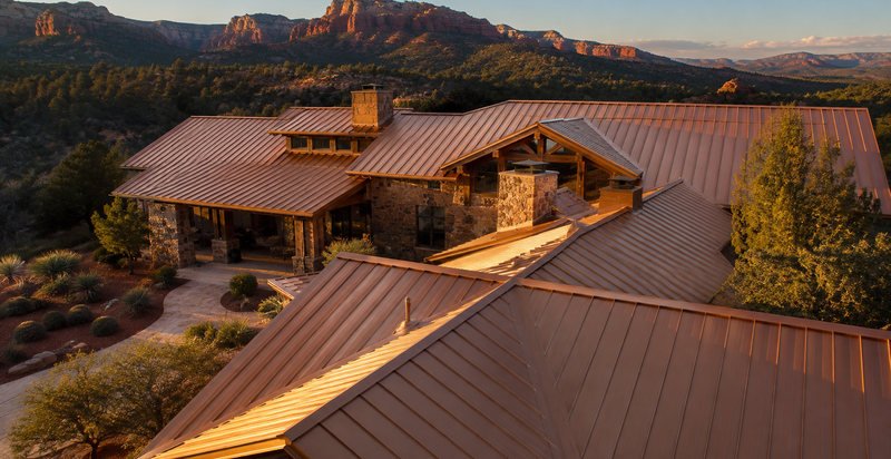 Bronze standing seam metal panels running to the ridge