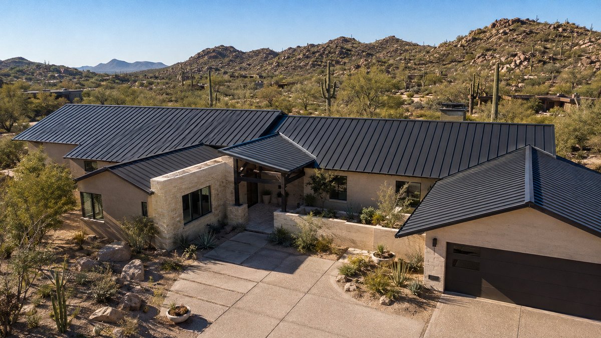 Charcoal standing seam roof on a stone and stucco desert home