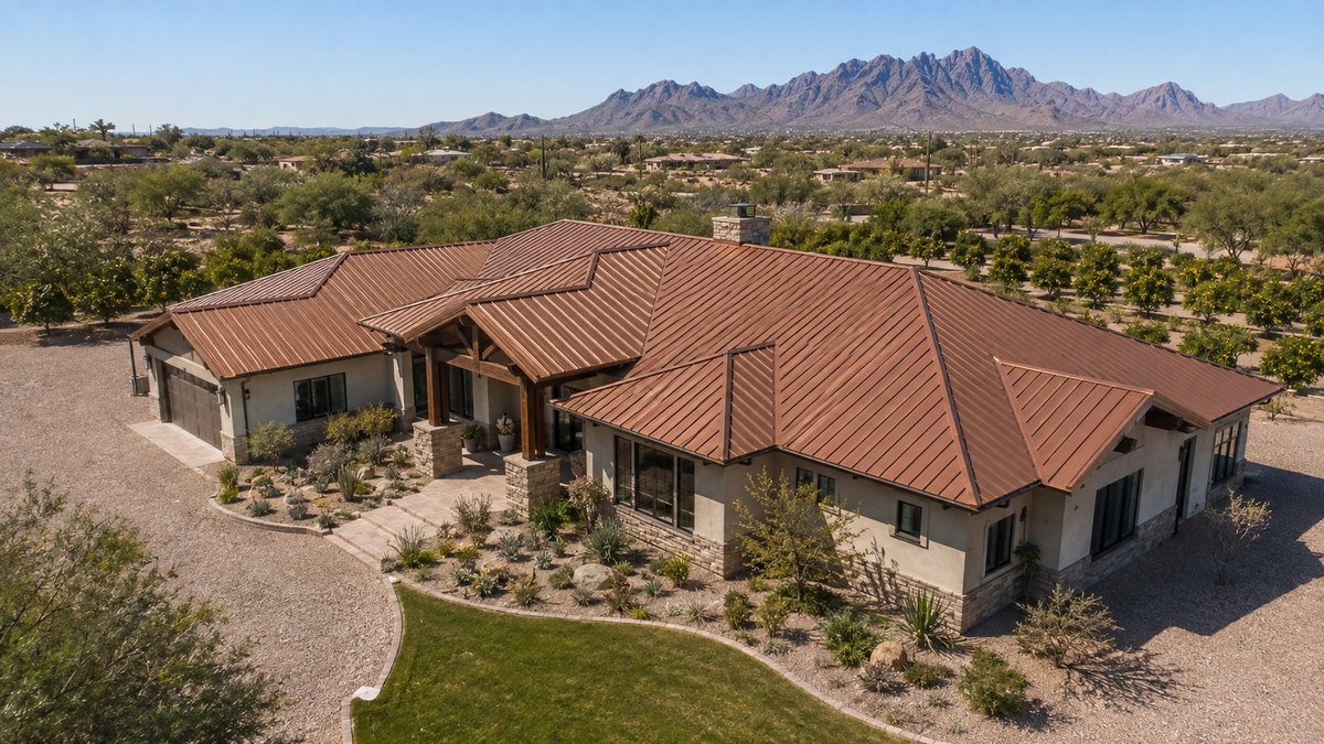 Copper-toned standing seam roof on a ranch home with mountain backdrop