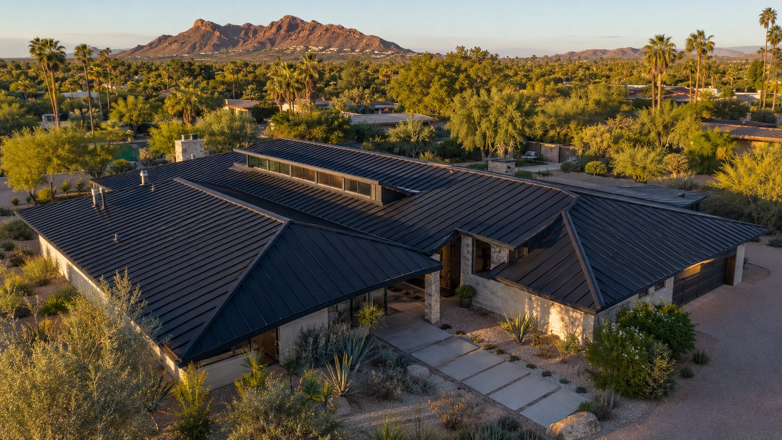 Black standing seam metal roof at dusk with Camelback Mountain beyond
