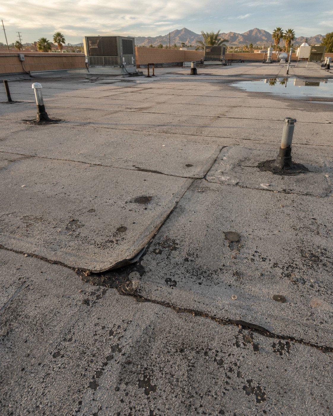 Failed modified bitumen roof with lifted seams, blistering and standing water at dusk