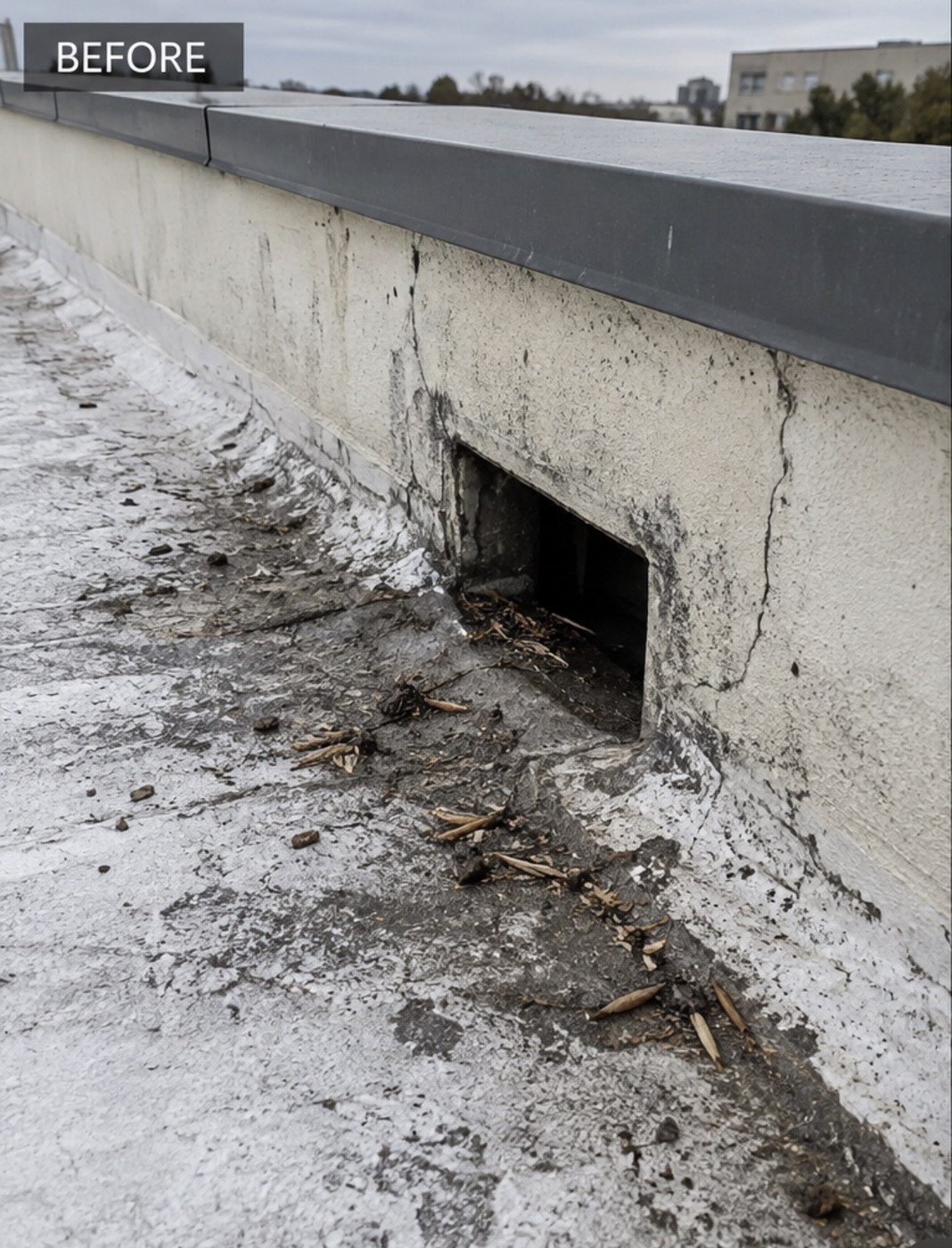 A parapet scupper before repair: the coating around the opening worn through to dark substrate, debris collected in the channel and a crack running up the parapet above it