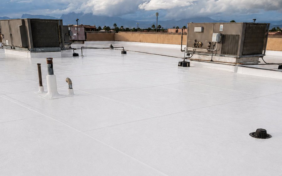 Flat commercial roof under a fresh white coating, with rooftop units and roof drains