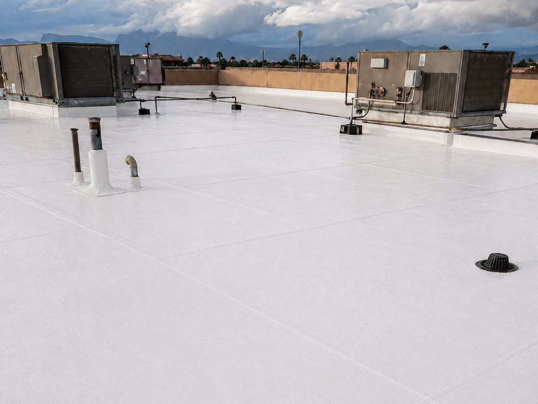 White TPO membrane roof after storm damage repair